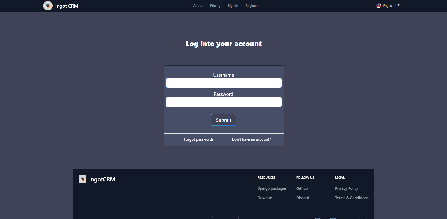 Screenshot from site with login menu