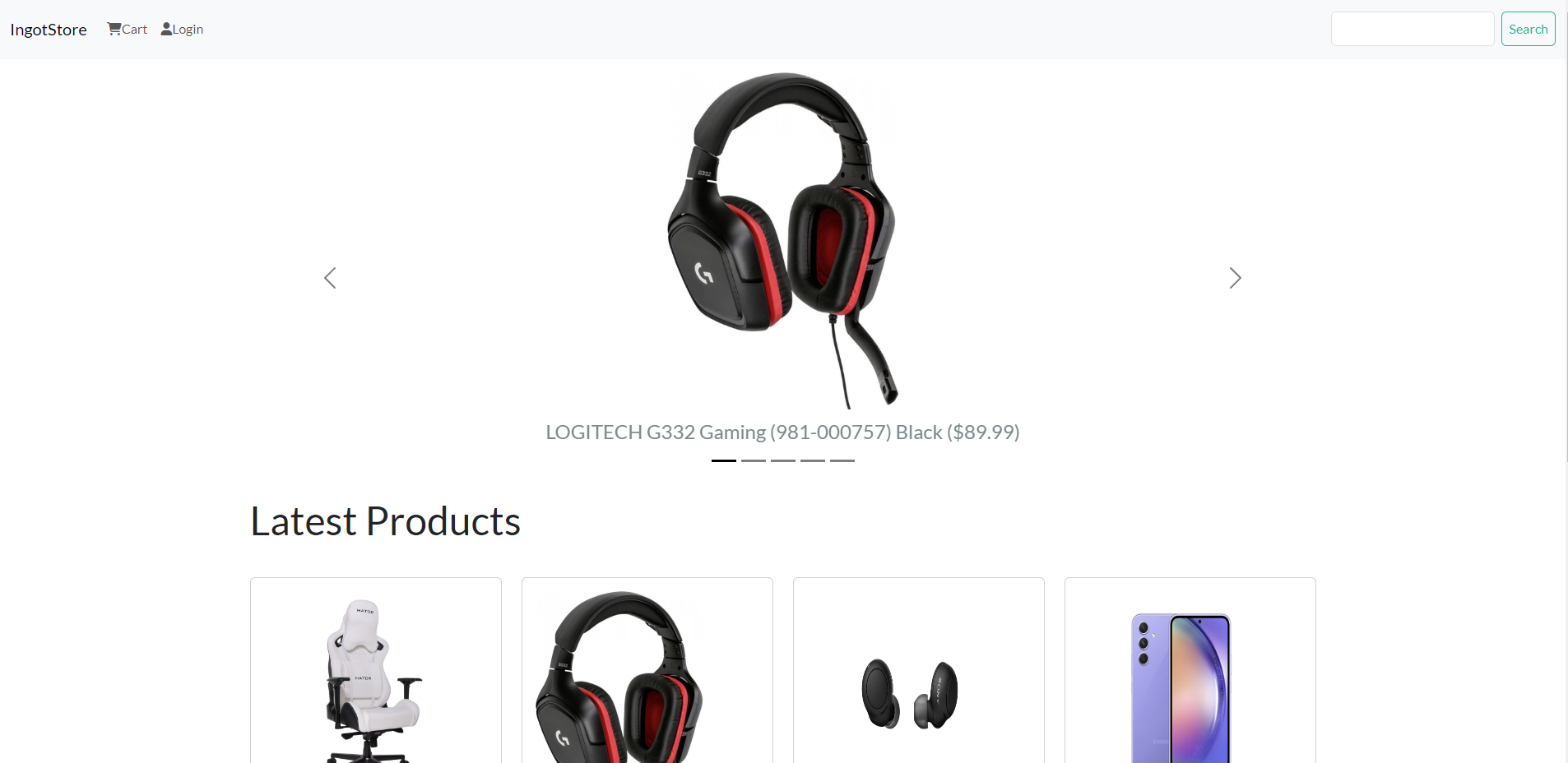 Screenshot from site with products list