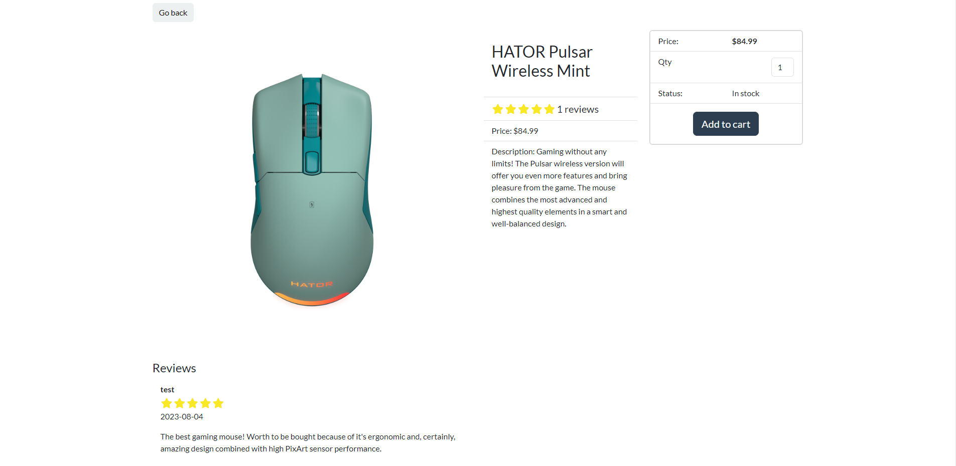 Screenshot from site with product details