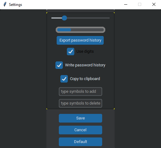 Screenshot from passgen program with settings menu